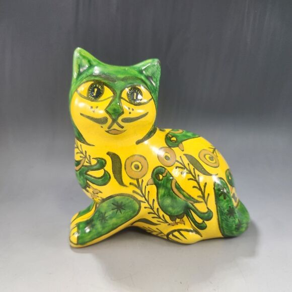 Rare Signed Hand Painted Ceramic Cat Bird Design Sitki Olcar Turkish Ceramicist - Picture 1 of 11